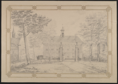 2253 Gezicht op het Hof te Kloosterzande, afgebroken in 1857, met links een deel van de Nederlandse Hervormde kerk