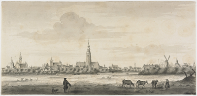 226 Gezicht op de stad Middelburg, vanuit het zuiden, met op de voorgrond een boer en vee