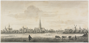 226 Gezicht op de stad Middelburg, vanuit het zuiden, met op de voorgrond een boer en vee