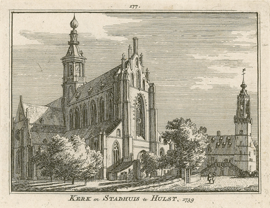 2266 Kerk en Stadhuis te Hulst. 1739. Gezicht op de Grote of Sint Willibrordus kerk en stadhuis te Hulst, met voor de ...