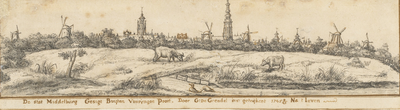 227 De stat Middelburg. Gesigt buyten Vlissyngse poort. Gezicht op de stad Middelburg, vanuit het zuidwesten, buiten de ...