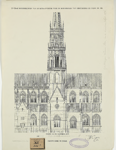 2270e Groote Kerk te Hulst. Gedeelte van den noordelijke gevel. Ontwerp voor de toren van de Grote of Sint Willibrordus ...