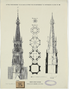 2270g Groote Kerk te Hulst. Ontwerp voor de restauratie van den toren. Ontwerp voor plattegrond, doorsnede en toren (in ...