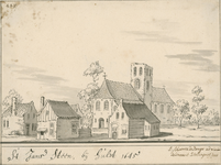 2284 St. Jans Steen, bij Hulst 1645. Gezicht op de Nederlandse Hervormde kerk te Sint Jansteen, met enkele huizen