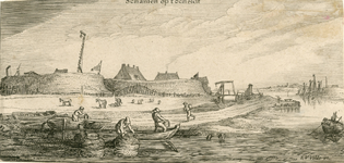 2288 Schansen op 't Scheldt. Gezicht op een fort aan de Schelde, met op de voorgrond boten van vissers