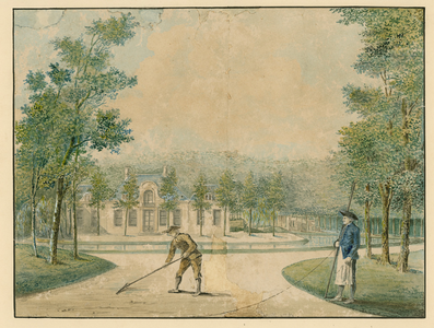 23 Gezicht op de oude buitenplaats Duinvliet te Aagtekerke, met op de voorgrond tuinlieden, gesloopt 1815, eigenaar de ...