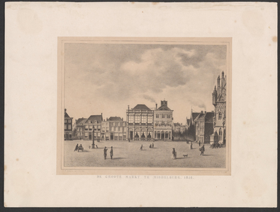 232 De Groote Markt te Middelburg, 1851. Gezicht op een deel van de Grote Markt te Middelburg met de gevels tussen ...