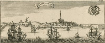 26 Oud Arnemuyden. Gezicht op de oude stad Arnemuiden (fantasie), met schepen en wapen van Arnemuiden
