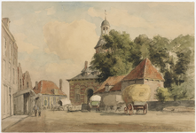 263 Het Wagenplein te Middelburg in 1857. Gezicht op het Wagenplein met de Vlissingse poort te Middelburg