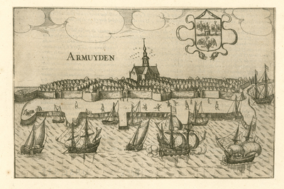 27 Armuyden. Gezicht op de stad Arnemuiden, vanuit het zuiden, met het stadswapen, en tekst aan de achterzijde