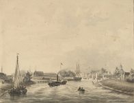277 Gezicht op de stad Middelburg, gezien van het in 1817 gegraven havenkanaal, met onder andere een raderboot