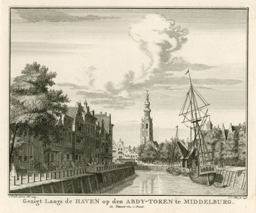 282 Gezigt Langs de Haven op den Abdy-Toren te Middelburg. Gezicht op de Abdijtoren te Middelburg, gezien langs de ...