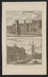 284 Gezicht op de Abdijtoren te Middelburg, gezien langs de haven, kijkkastplaat, in spiegelbeeld en opschrift (Frans). ...