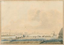 304 Gezicht op de zuidzijde van de havendijk te Middelburg, tegenover het Nieuwlandse hoofd, met kinderen met vliegers