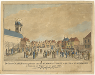 3198 De Groote Markt en een gedeelte van den Stadhuis Tooren te Sluis in Vlaanderer te zien in het begin van het jaar ...