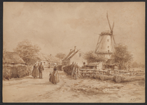 3202 [Nieuwstraat met molen en personen in klederdracht] / H. Seghers. [c. 1900]. 1 tekening : aquarel, sepia ; 24 x 34 ...