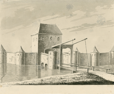 327 Langevillep.[oort]. Gezicht op de oude Langevielepoort te Middelburg, afgebroken in 1595-1596