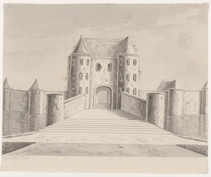 328 Vlissingsche poort. Gezicht op de oude Vlissingse poort te Middelburg, afgebroken in 1596, aan de noordzijde van de ...