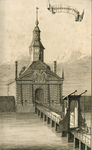 353 Vlissingsche Poort. De Vlissingse poort te Middelburg, gebouwd in 1639, gesloopt 1873, met personen op de brug