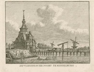 356 De Vlissingsche Poort te Middelburg. Gezicht op de Vlissingse poort te Middelburg, gezien van de landzijde, met op ...