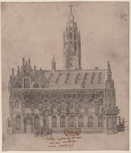 380 De voorzijde van het stadhuis te Middelburg, met een schets voor een ingang in het midden van het stadhuis (inkt)