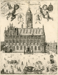 382 Curia Medioburgensis. De voorzijde van het stadhuis en een deel van de Grote Markt te Middelburg, met putti met de ...