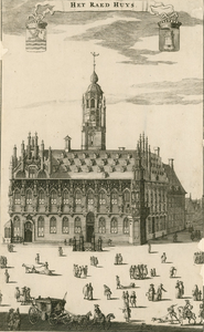 384 Het Raed Huys. Gezicht op het stadhuis en een deel van de Grote Markt te Middelburg, met de wapens van Middelburg ...
