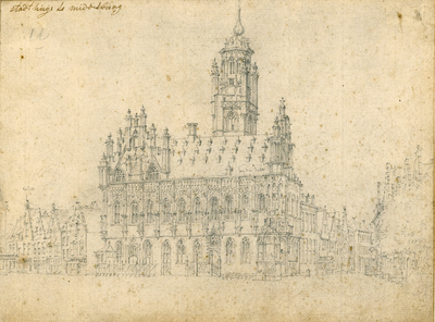 385 Gezicht op het stadhuis en een deel van de Grote Markt te Middelburg, met de wapens van Middelburg en Zeeland, en ...