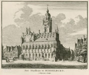 387 Het Stadhuis te Middelburg. Het stadhuis en een deel van de Grote Markt te Middelburg. Met privilege (Staten-Generaal)