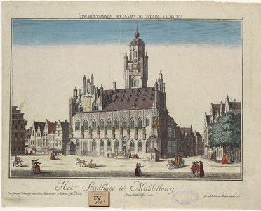 388 Het Stadhuis te Middelburg. Gezicht op het stadhuis en een deel van de Grote Markt te Middelburg en op de voorgrond ...
