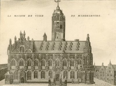 390 La Maison de Ville de Middelbourg. De voorzijde van het stadhuis te Middelburg en enkele panden aan de Lange Noordstraat