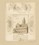 396 De voorzijde van het stadhuis te Middelburg, met de wapens van Zeeland en Middelburg, gedragen door putti en onder ...