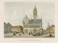 398 Het Stadhuis op de Groote Markt. Gezicht op het stadhuis aan de Grote Markt te Middelburg tijdens een marktdag met ...