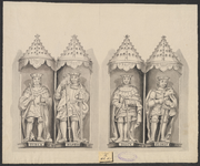 408a De beelden met baldakijn (10-13) van de graven van Holland en Zeeland Dirk (2x) en Floris (2x) aan de voorgevel ...