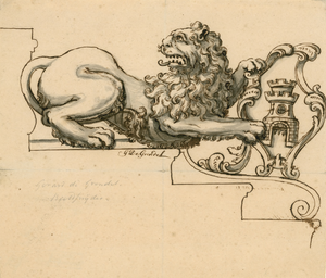 420a Schetsontwerp voor de liggende leeuw met wapen van Middelburg in de vierschaar in het stadhuis van Middelburg