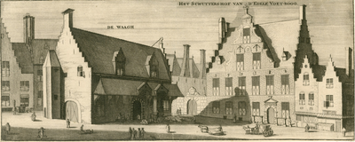 432 De Waagh Het Schuttershof van d' Edele Voet-Boog. Gezicht op de waag, afgebroken 1823 en de Sint Jorisdoelen aan de ...