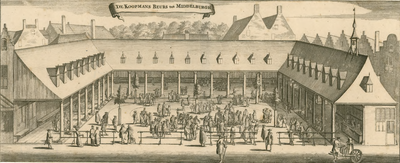 434 De Koopmans Beurs tot Middelburgh. Gezicht op de met handelaars bevolkte koopmansbeurs aan de Balans te Middelburg, ...