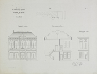 437a Plan tot verbouwing der voormalige Wisselbank tot School voor Meisjes (Lager Onderwijs). Aanzicht, doorsnede en ...