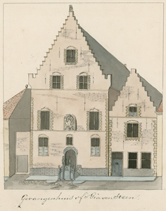 444 Gevangenhuis of 's Gravensteen. Het Gravensteen aan de Burg te Middelburg, met gekroonde adelaar en aangrenzend pand