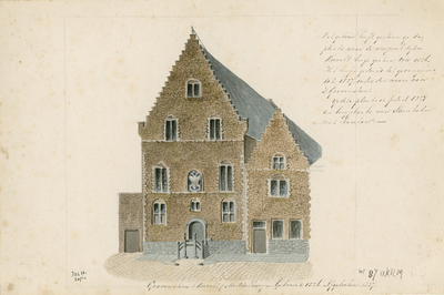 445 Het Gravensteen aan de Burg te Middelburg, met gekroonde adelaar en aangrenzend pand en aantekening over het gebouw