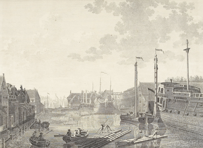 461 Gezigt van de Oostindische Werv te Middelburg, ..., uit het Oostind. schip de Bot, toen leggende in het Dok, gezien ...