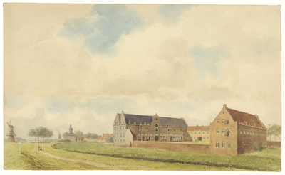 470 Gezicht op de achterzijde van de West-Indische pakhuizen te Middelburg met de Vlissingse poort en twee molens