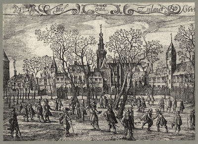 489-1 t Hof van Zeelandt A0. 1644. Gezicht op het Abdijplein te Middelburg, met personen, linksboven putto met trompet