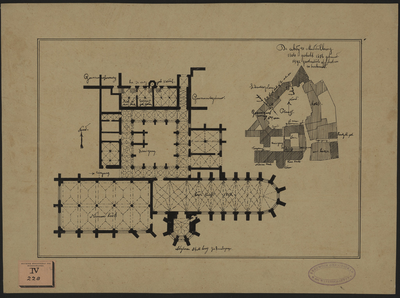 492 Plattegrond van het zuidelijk deel van de Abdijgebouwen te Middelburg, met een situatieplan van de Abdij 1106-1492