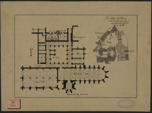 492 Plattegrond van het zuidelijk deel van de Abdijgebouwen te Middelburg, met een situatieplan van de Abdij 1106-1492