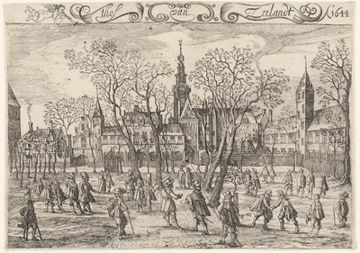 496 't Hof van Zeelandt. Gezicht op het Abdijplein te Middelburg, met personen, linksboven putto met trompet