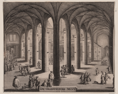 525 De Graeffelycke Munt. Gezicht in de kloostergangen met het Muntplein in de Abdij te Middelburg, met personen