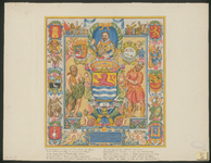 535-1 Het wapen van Zeeland, met de wapens van de steden in Zeeland, allegorische voorstellingen, wapenspreuken en een ...