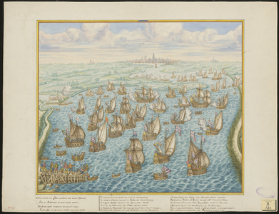 535-4 De overwinning door de Zeeuwen op de Schelde bij Lillo op 23 Spaanse oorlogsschepen, op de achtergrond Antwerpen, ...