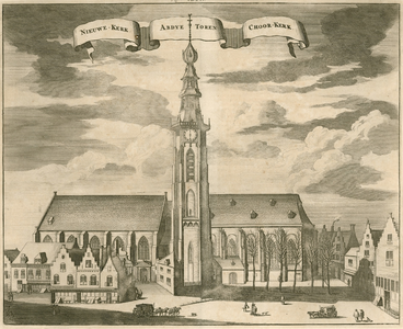 547 Nieuwe-Kerk. Abdye Toren. Choorkerk. Gezicht op de Nieuwe Kerk, Abdijtoren en Koorkerk te Middelburg, met ...